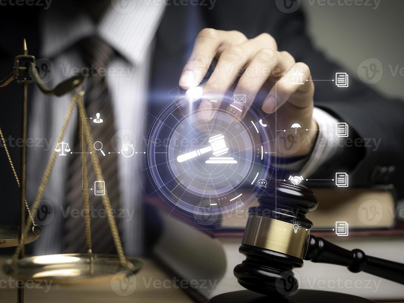 Justice lawyers with Judge gavel, Businessman in suit or lawyer Hiring lawyers in the digital system. Legal law, prosecution, legal adviser, lawsuit, detective, investigation,legal consultant.. photo