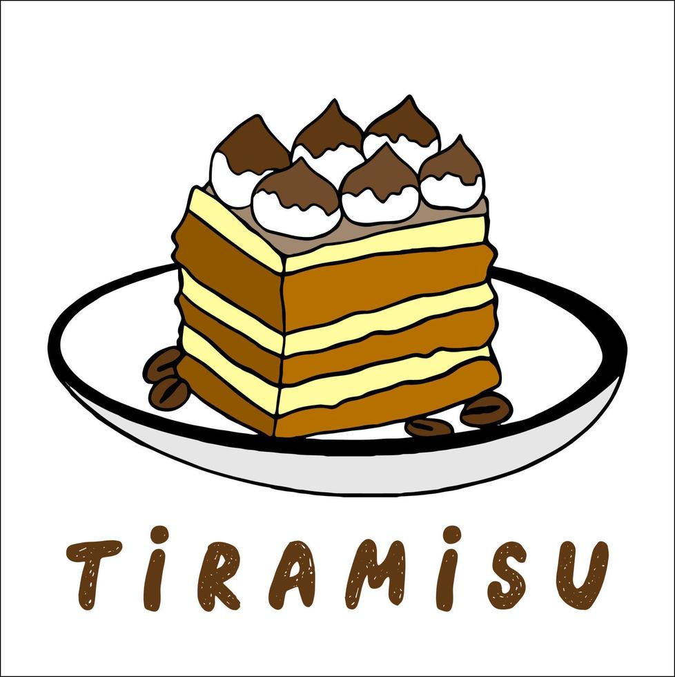 pedazo de Tiramisu pastel - tradicional italiano postre con mascarpone en lámina. dulce comida con mascarpone, savoiardi, café, cacao. elemento para panadería, menú, restaurante. dulce platos desde Italia. vector