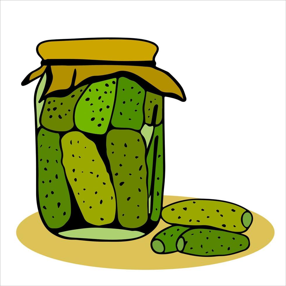 jar of pickled cucumbers is covered with canvas. Food containers. Home canned food. Pickles in jar, pickled cucumbers. home production. Fermented vegetables, crispy gherkins with salt. vector