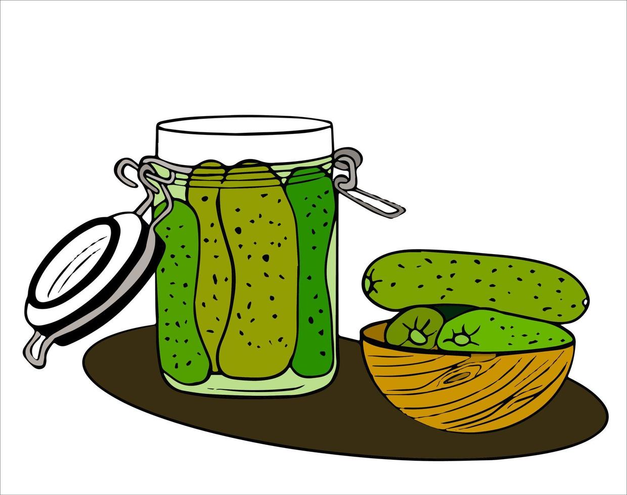Bank with canned vegetables. Jars with pickled cucumbers. Food containers. Home canned food. Pickles in jar, pickled cucumbers. home production. Fermented vegetables, crispy gherkins with salt. vector