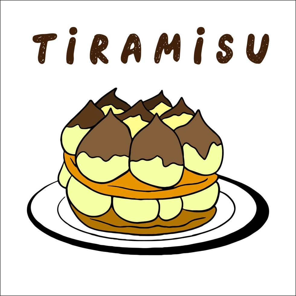 vector illustration Tiramisu - traditional italian dessert with mascarpone on plate. homemade cake with savoiardi cookies, coffee and mascarpone cream, traditional sweet dishes from Italy.