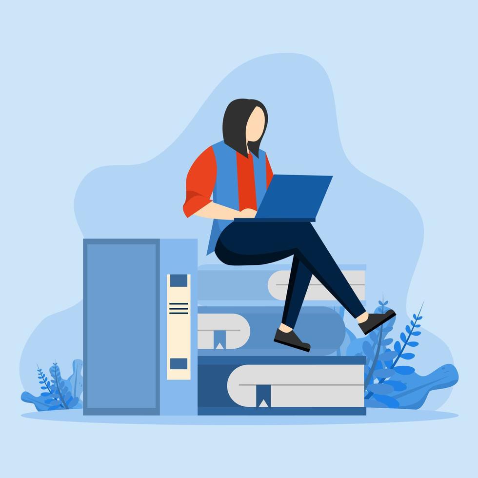 Learning concept, studying woman sitting on books with laptop computer studying and educating themselves. Flat design vector illustration.