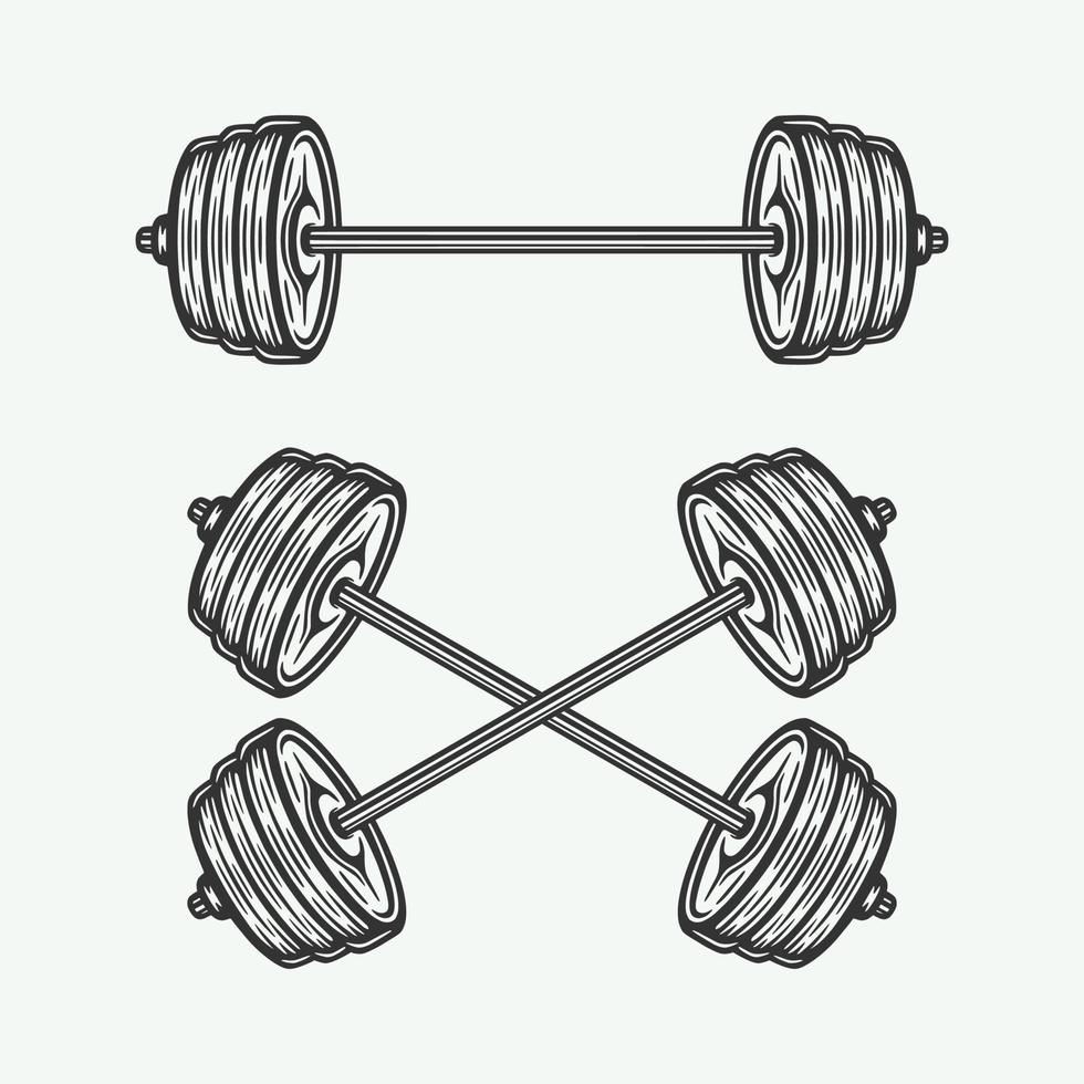 Vintage retro woodcut fitness gym barbell. Can be used like emblem, logo, badge, label. mark, poster or print. Monochrome Graphic Art. Vector Illustration.Vintage retro woodcut fitness gym barbell.