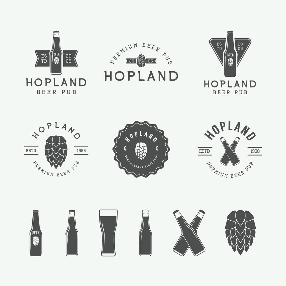 Set of vintage beer and pub logos, labels and emblems with bottles, hops, and wheat. Vector