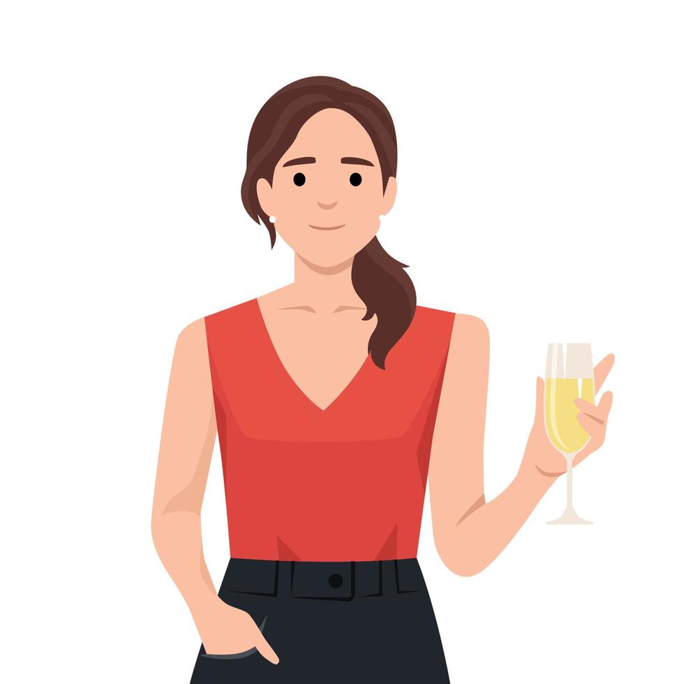 Beautiful girl in evening gown holding glass of champagne in a party vector