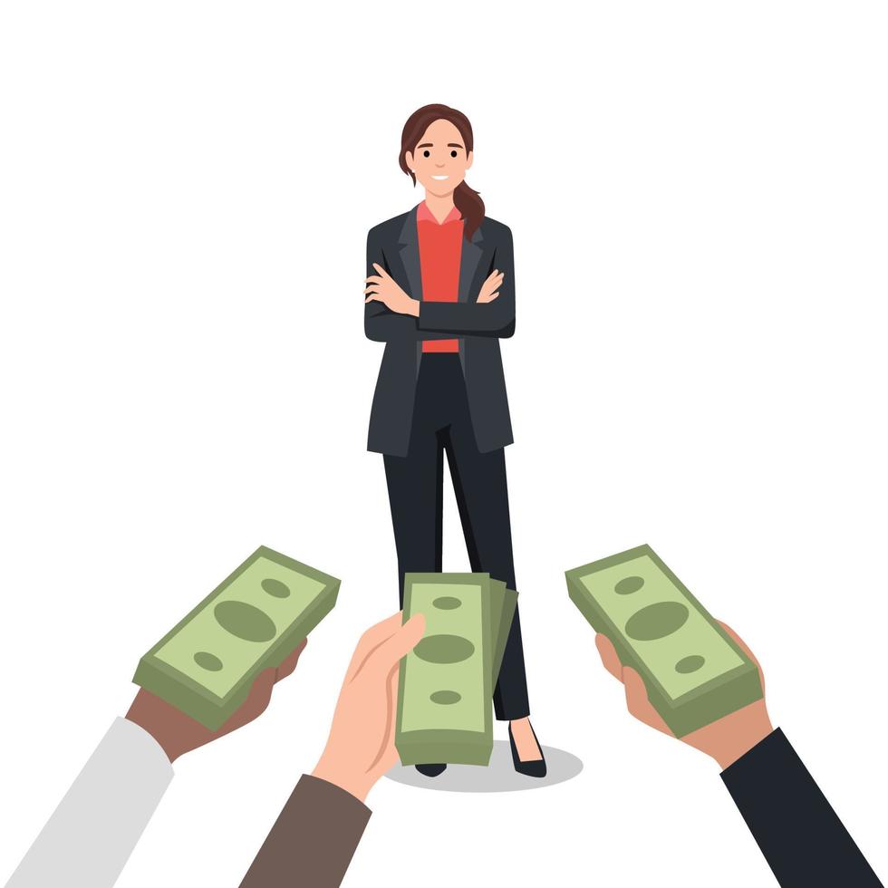 Woman popular specialist with money at human hands vector flat illustration. Female demanded professional hold laptop isolated. Concept of skilled, qualification, opportunity and suggestions
