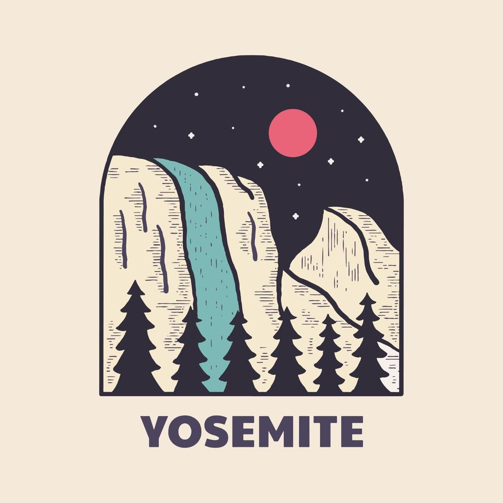 The waterfall on Yosemite National Park Vintage graphic illustration vector for t-shirt, badge, patch design