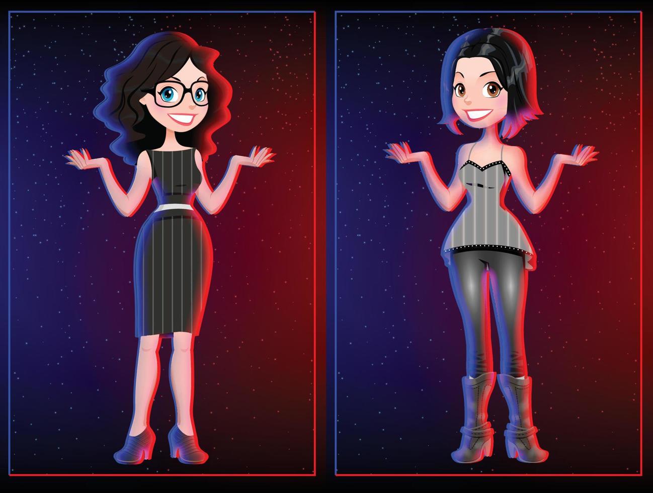 Two cartoon girls in black and red dress outfit club highlight night dance vector