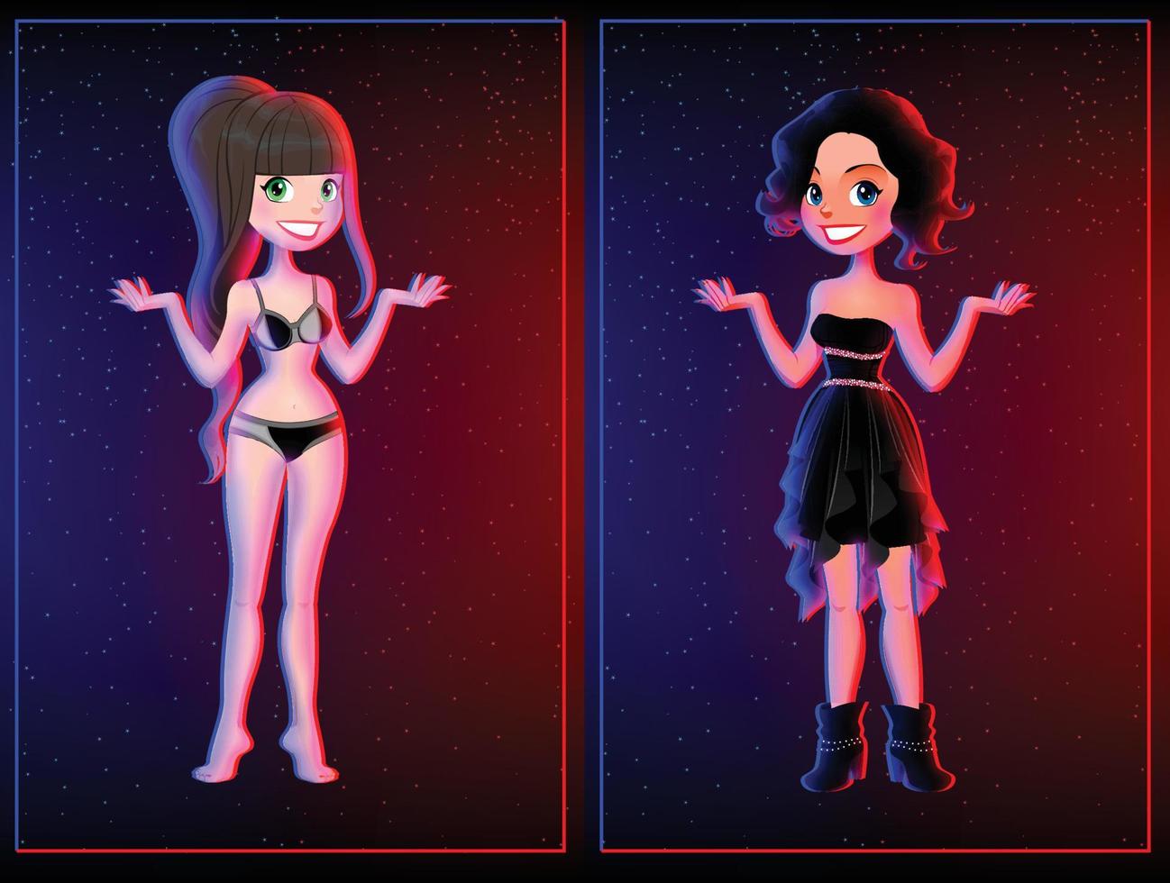 dos dibujos animados muchachas en negro y rojo vestir atuendo club realce noche danza vector