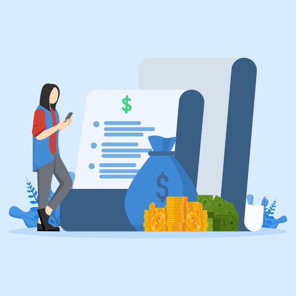 Investment Analysis and Profits Money, Profitable investment, funding Financial consulting, savings, The position of the investor holding the cell phone. Employee Creation Investment Plan. vector