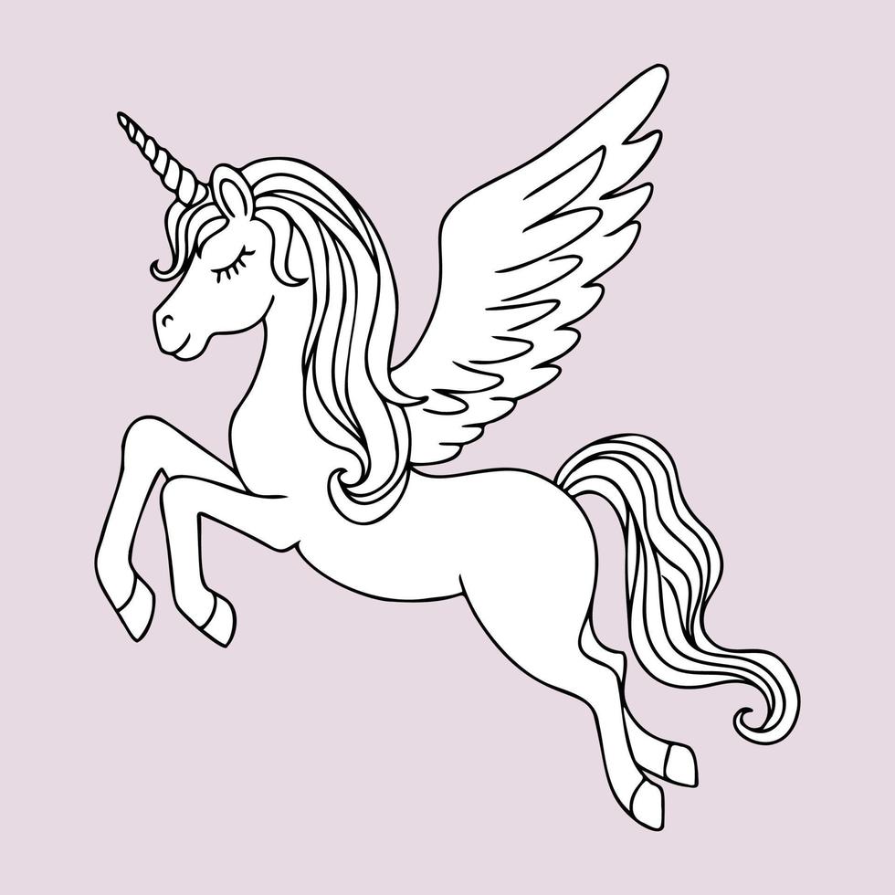 Hand-drawn flying magical unicorn for coloring. vector