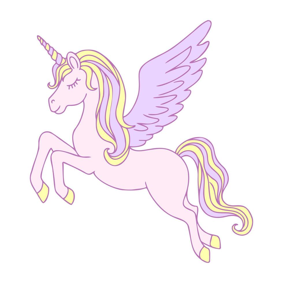 Hand-drawn flying magical unicorn with a heart. vector