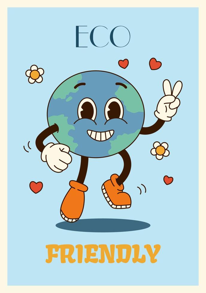 Vertical poster or card illustration groovy planet character jumping in retro cartoon style of 60s 70s. Motivation phrase Eco friendly vector