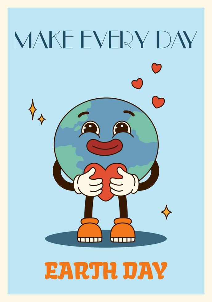 vertical póster o tarjeta ilustración maravilloso planeta personaje participación el corazón en retro dibujos animados estilo de 60s años 70 citar hacer cada día tierra día vector