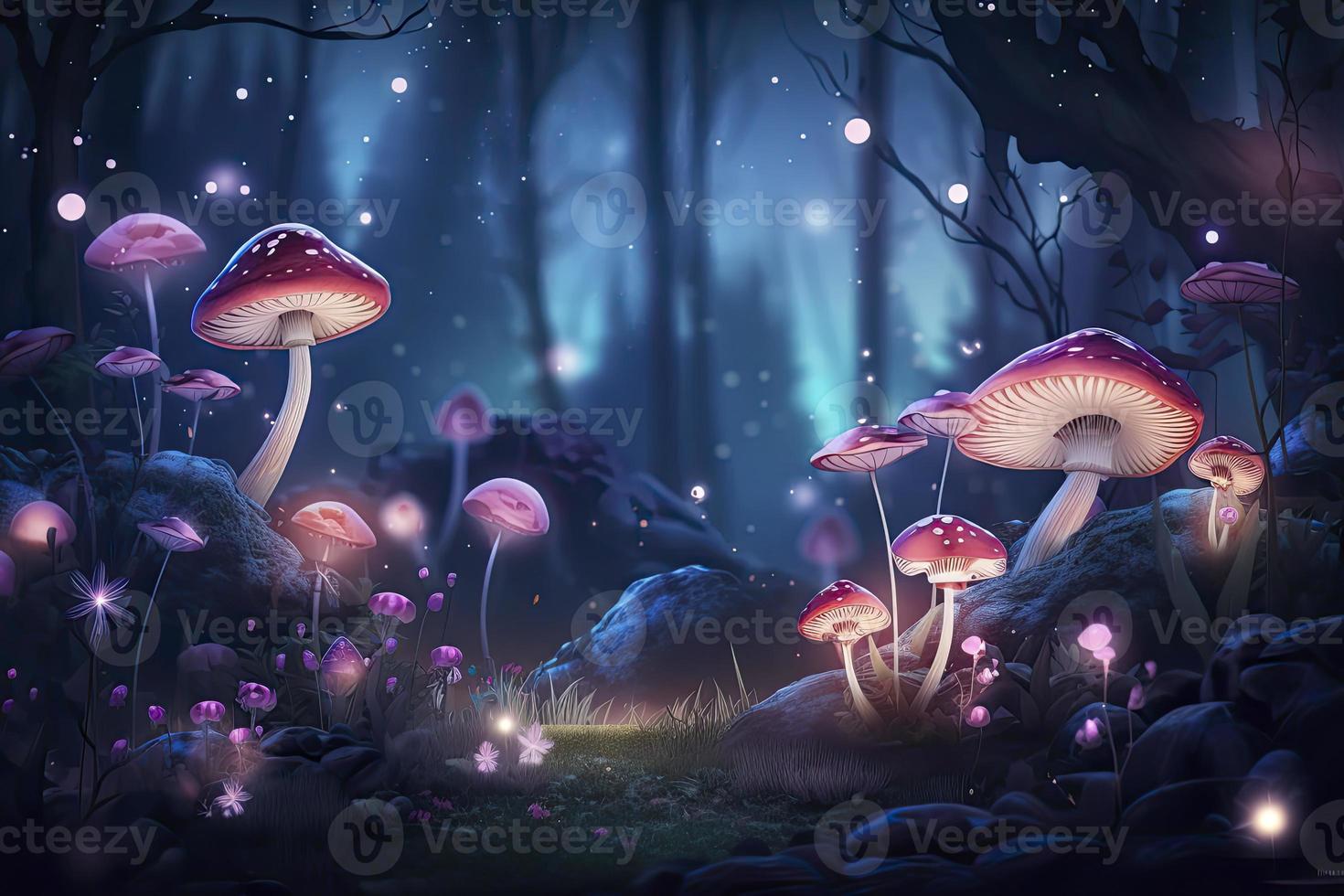 Magical fantasy mushrooms in enchanted fairy tale dreamy elf forest with fabulous fairytale blooming pink rose flower and butterfly on mysterious background, shiny glowing stars and moon rays in night photo