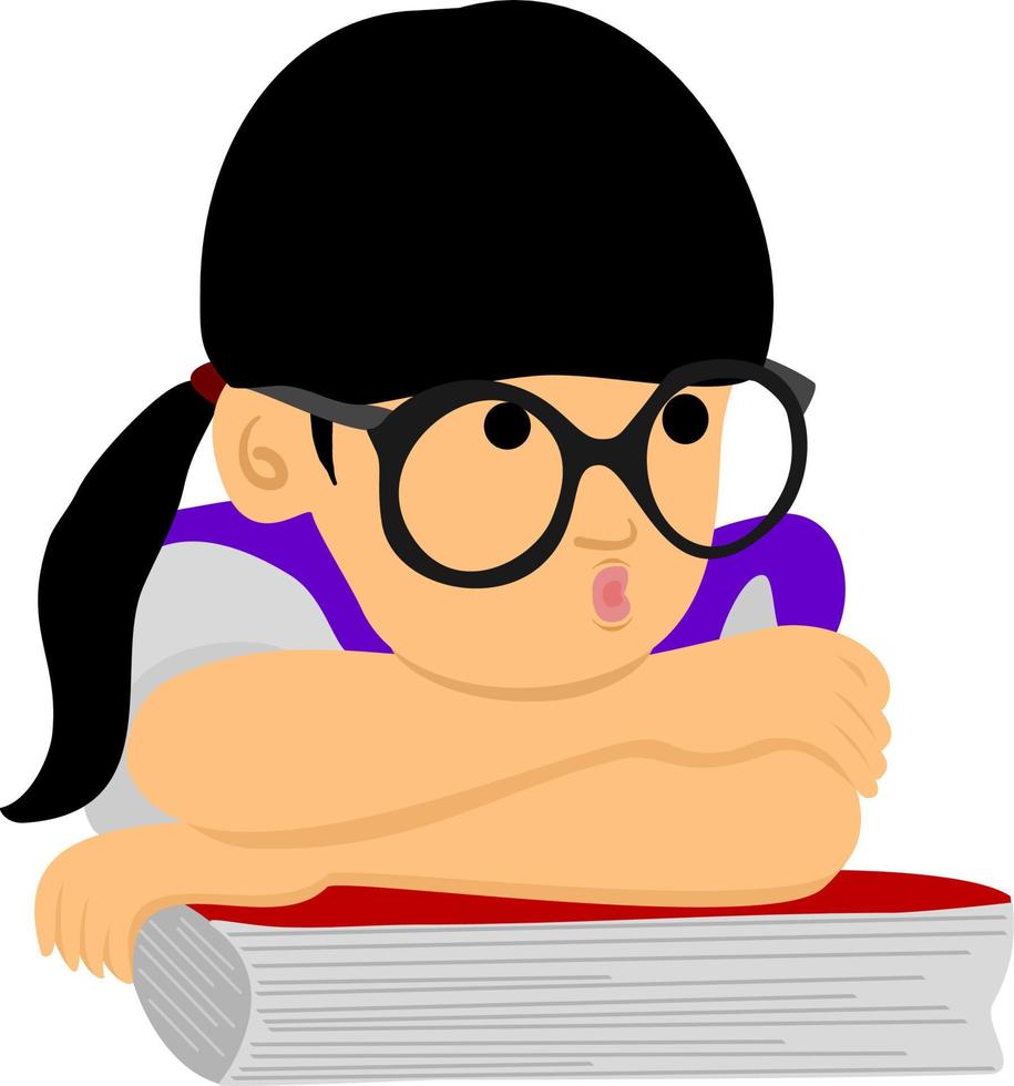 A cute little girl in glasses pouting and leaning on a book with her hands folded vector