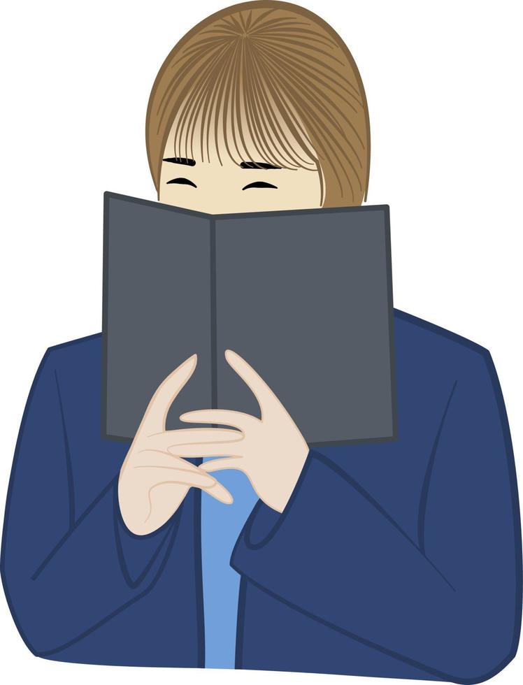 A fair skinned shy girl covers half her face with a book vector