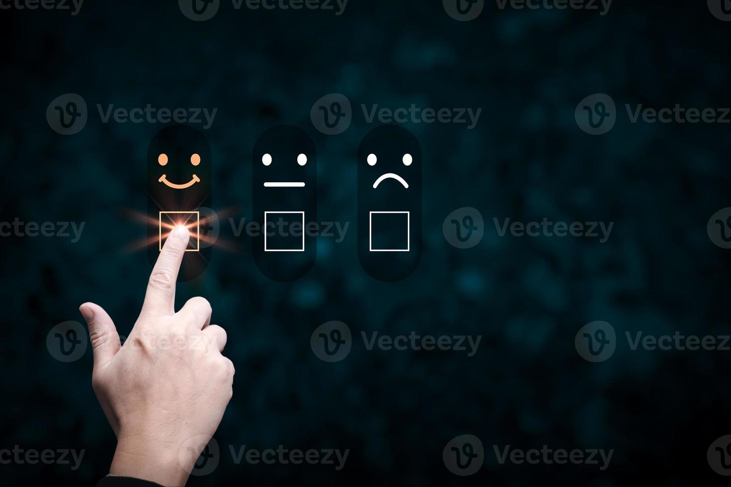 hand man touching the virtual screen on the happy smile face icon to give satisfaction in service.rating very impressed.Customer service and Satisfaction concept photo