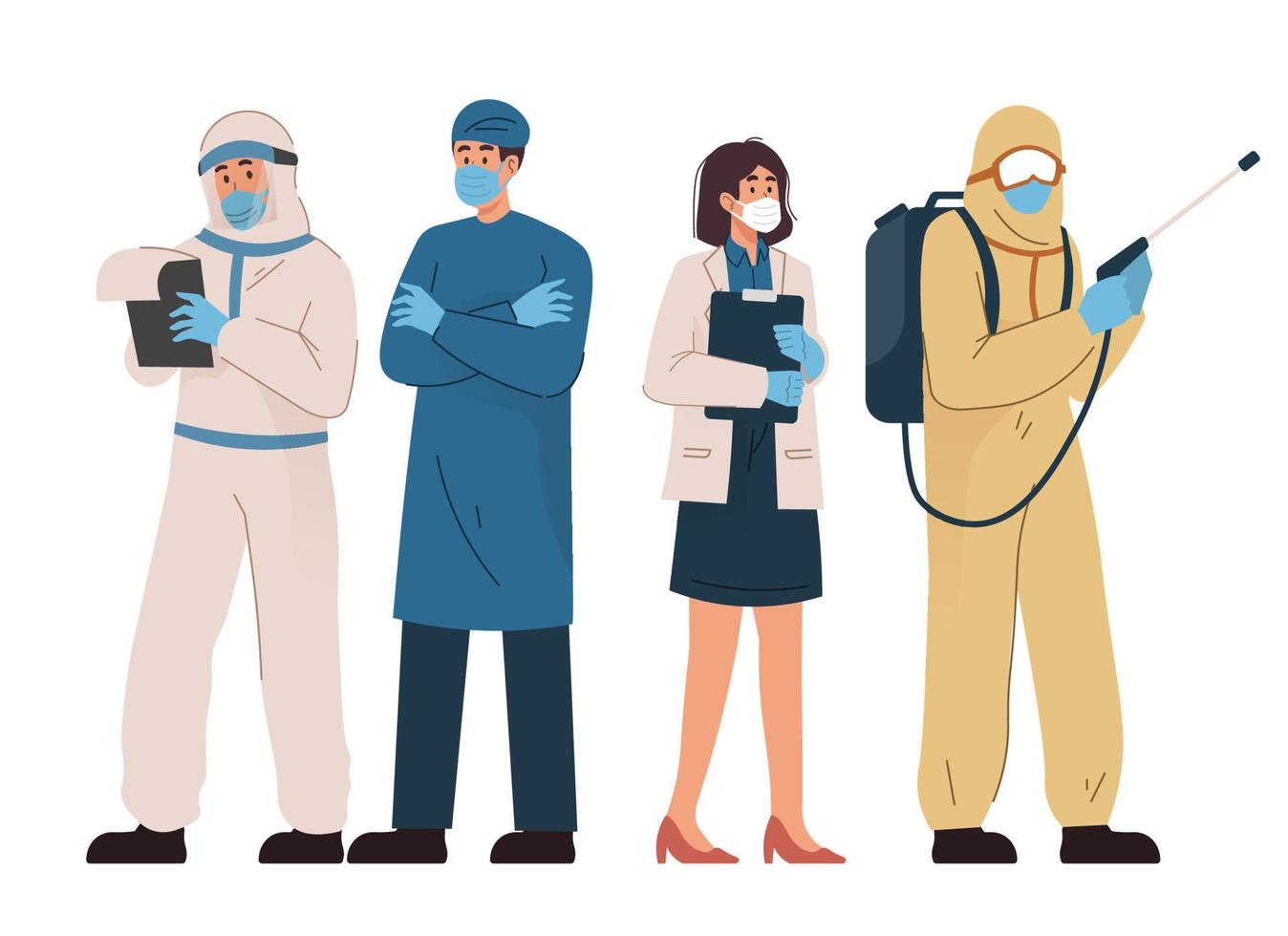 Group of doctors wearing face mask and medical staff with protective suit vector