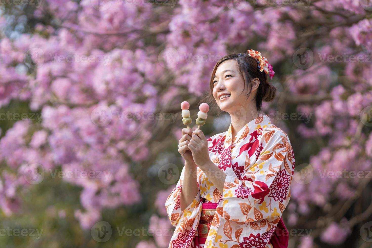 japonés mujer en tradicional kimono vestir participación dulce hanami dango postre mientras caminando en el parque a Cereza florecer árbol durante primavera sakura festival con Copiar espacio foto