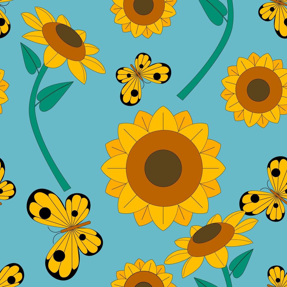 girasol modelo en azul antecedentes. sin costura floral modelo. flor con mariposa modelo. linda dibujos animados diseño. vector