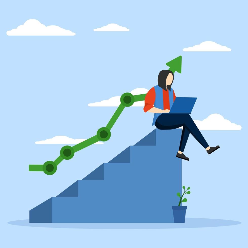 career ladder concept or achievement in work ,Woman career growth,Office person sitting on ladder with laptop computer and arrow pointing up. Flat design vector illustration