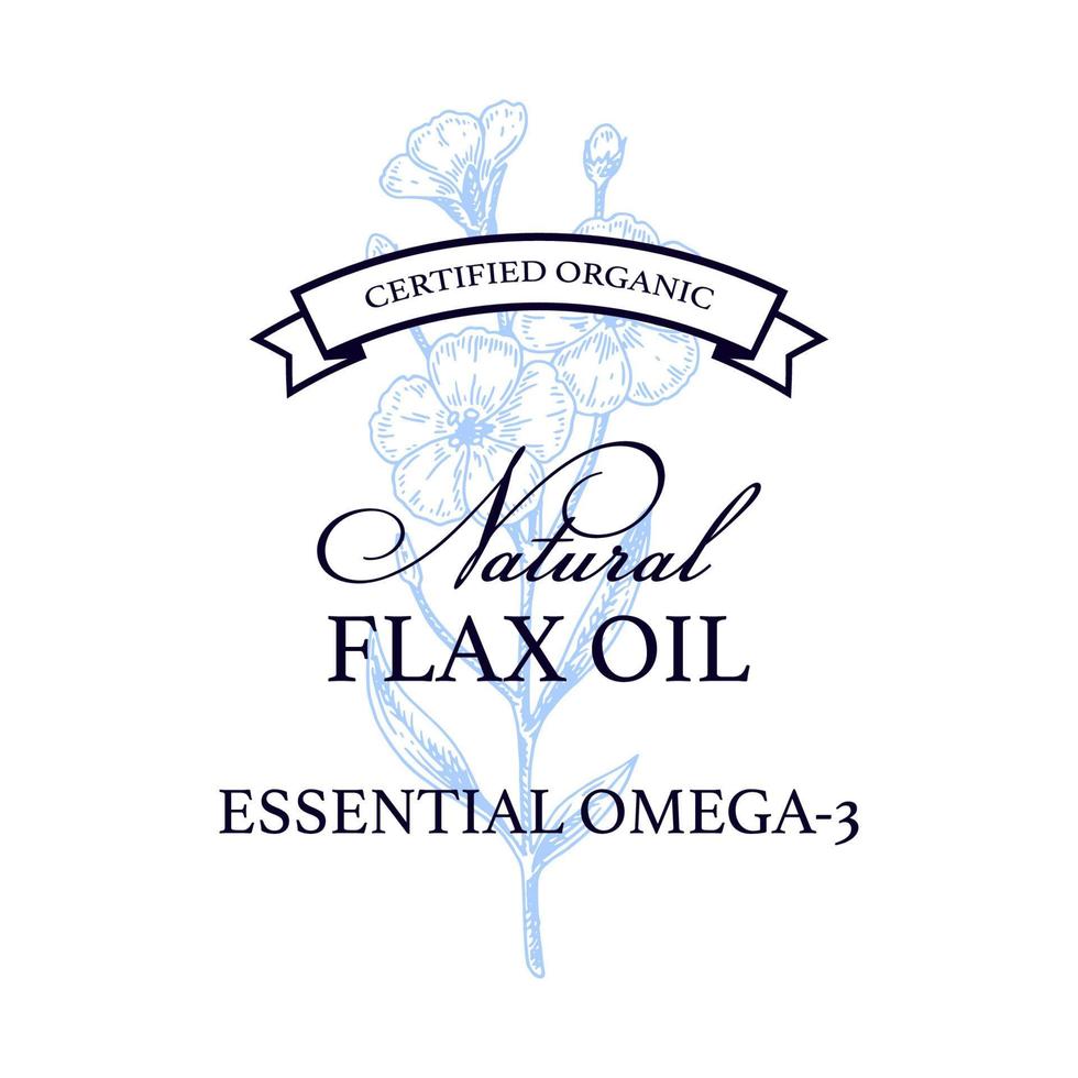 Flax logo template with hand drawn element. Vector illustration in sketch style. Design for linen products, seed, oil, packaging