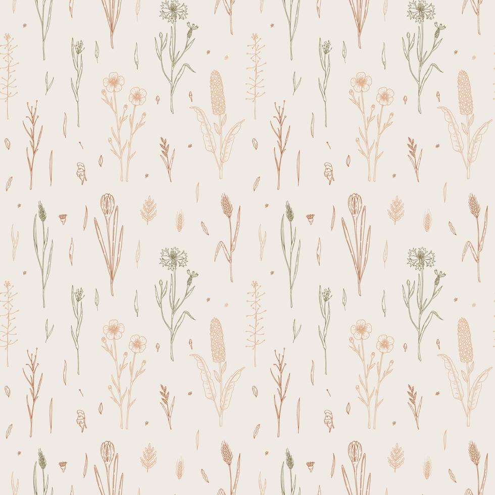 Meadow flowers seamless pattern. Hand drawn field wildflowers background. Vector illustration in sketch style. Aesthetic botany design