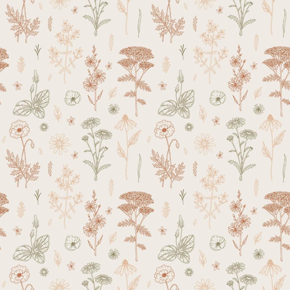 Meadow flowers seamless pattern. Hand drawn field wildflowers background. Vector illustration in sketch style. Aesthetic botany design