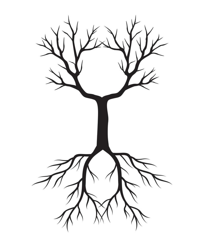 Black Tree with Roots. Vector outline Illustration. Plant in Garden.