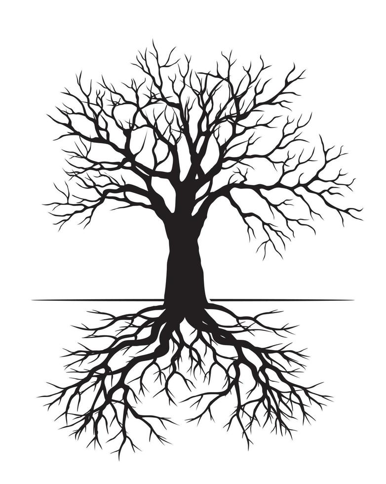 Black Tree with Roots. Vector outline Illustration. Plant in Garden.