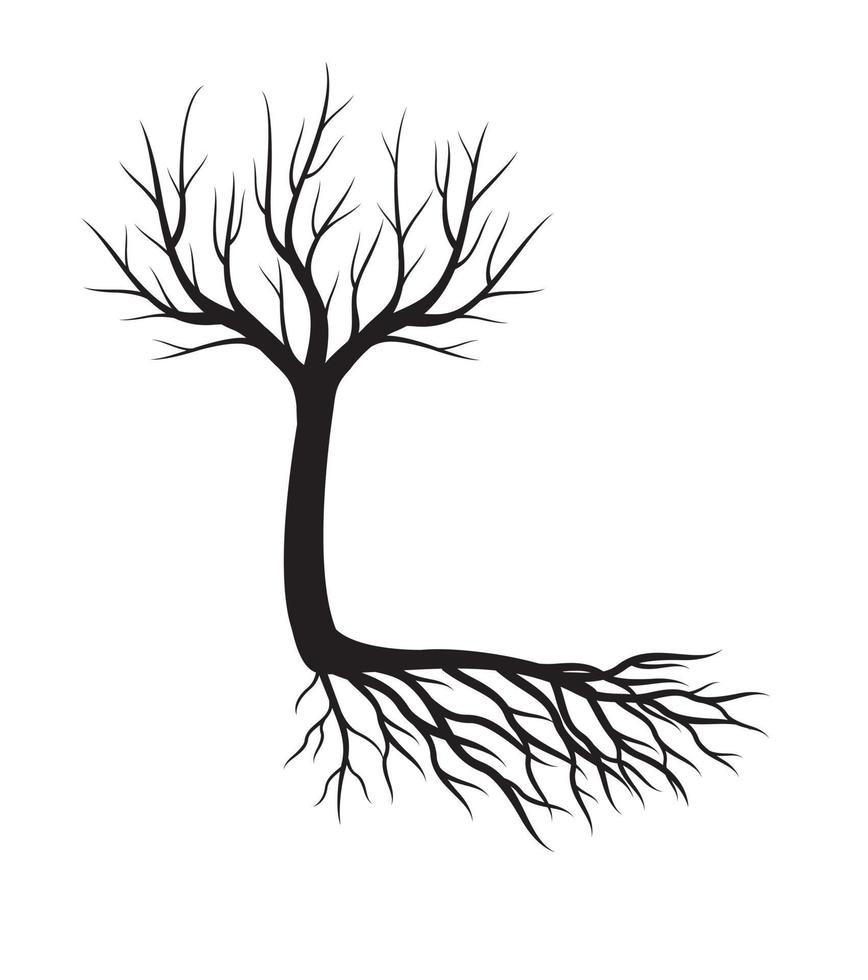 Black Tree with Roots. Vector Illustration.