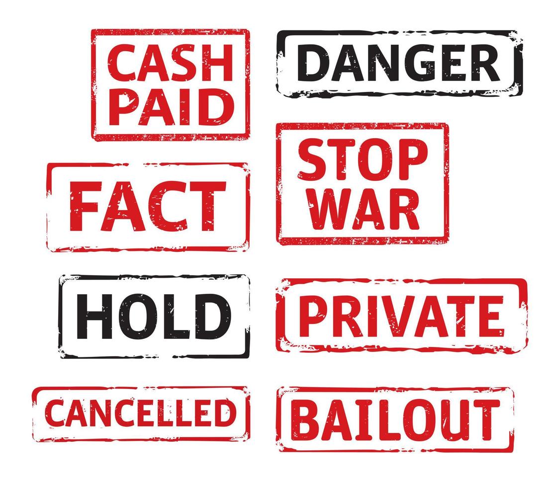 SET Red stamps HOLD, DANGER, FACT, STOP WAR, PRIVATE. Vector Illustration.