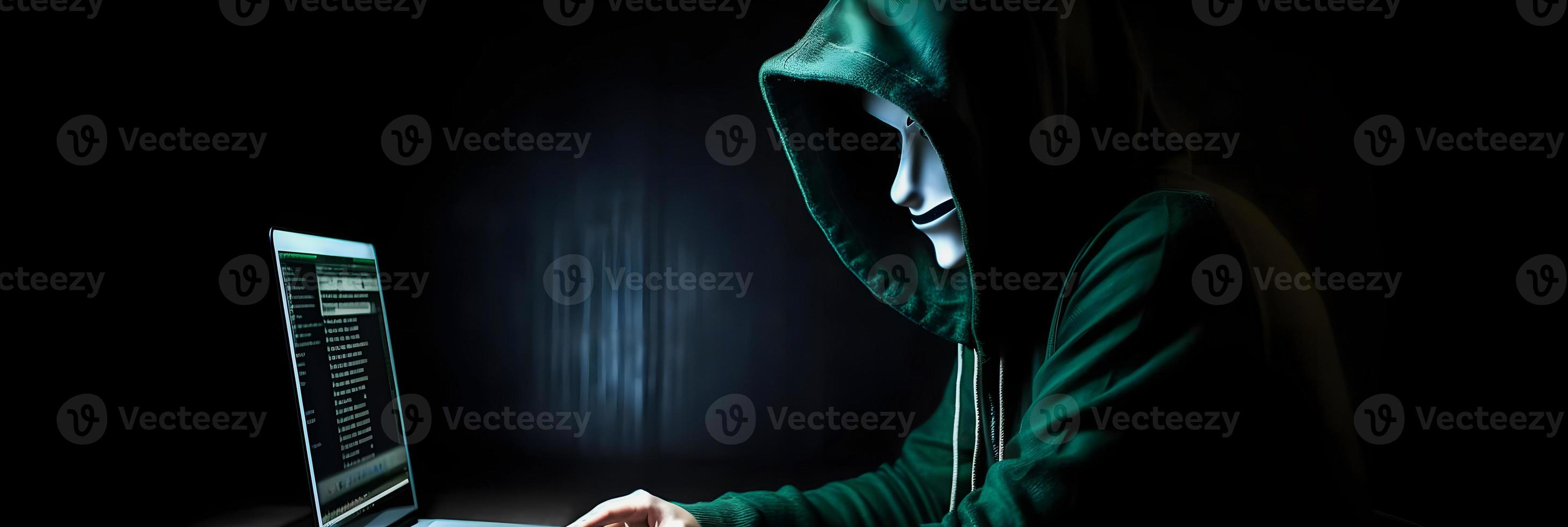 Unveiling the Enigmatic World of Cybercrime. A White Masked Hacker's Front View Amidst Dark Hood and Green Matrix Code Background photo
