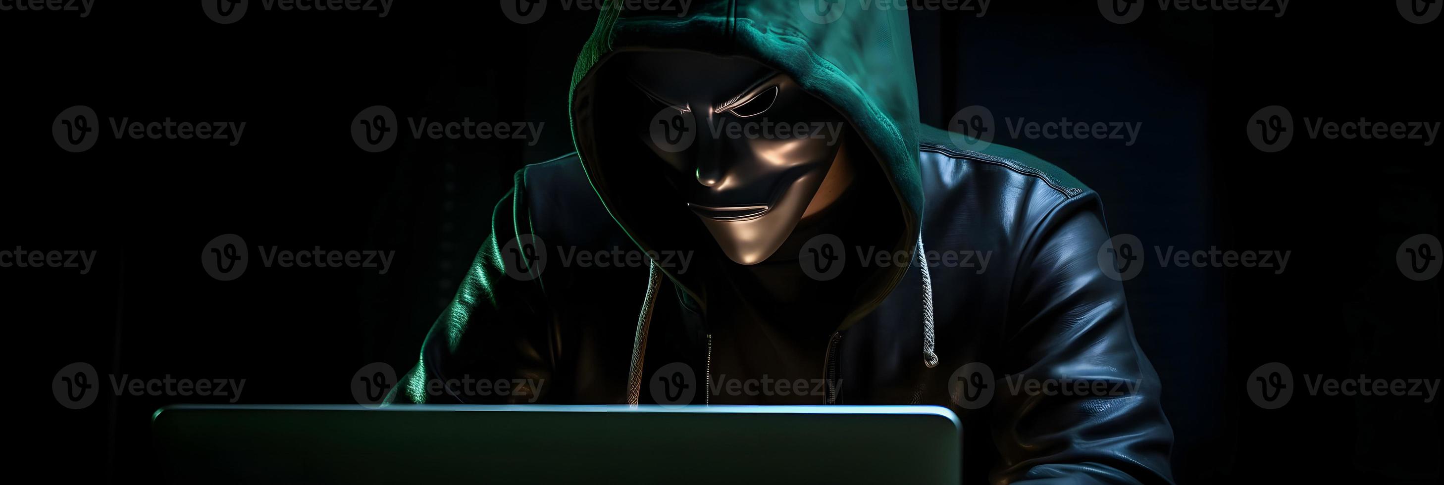 Unveiling the Enigmatic World of Cybercrime. A White Masked Hacker's Front View Amidst Dark Hood and Green Matrix Code Background photo