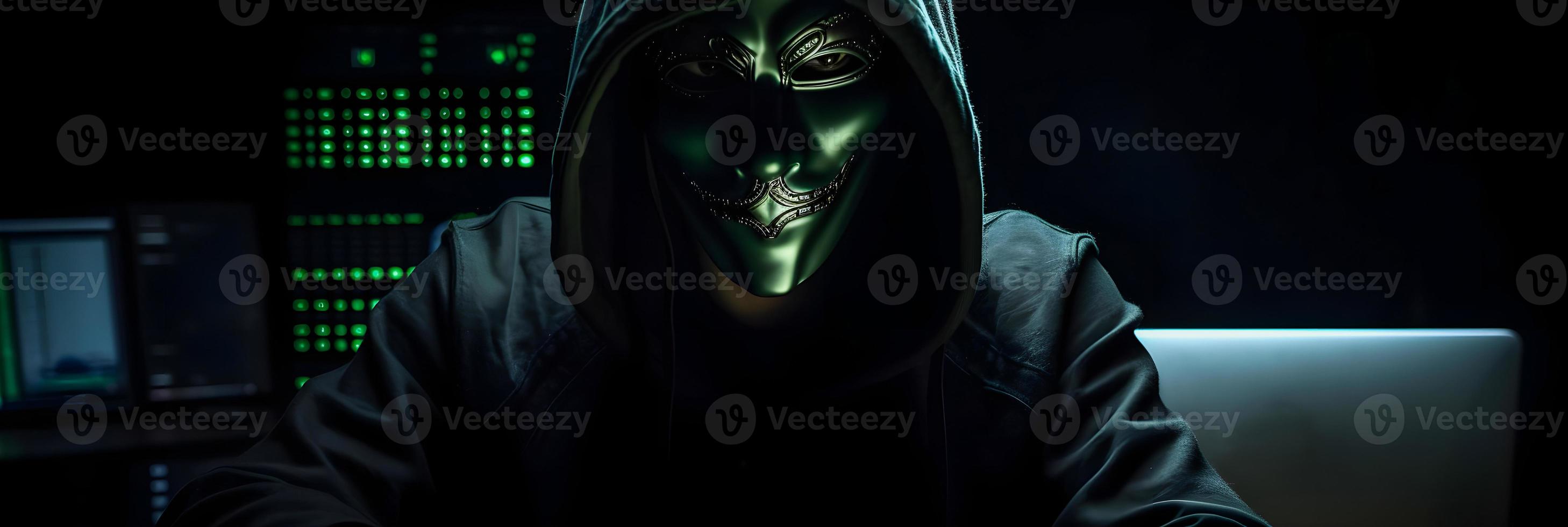 Unveiling the Enigmatic World of Cybercrime. A White Masked Hacker's Front View Amidst Dark Hood and Green Matrix Code Background photo