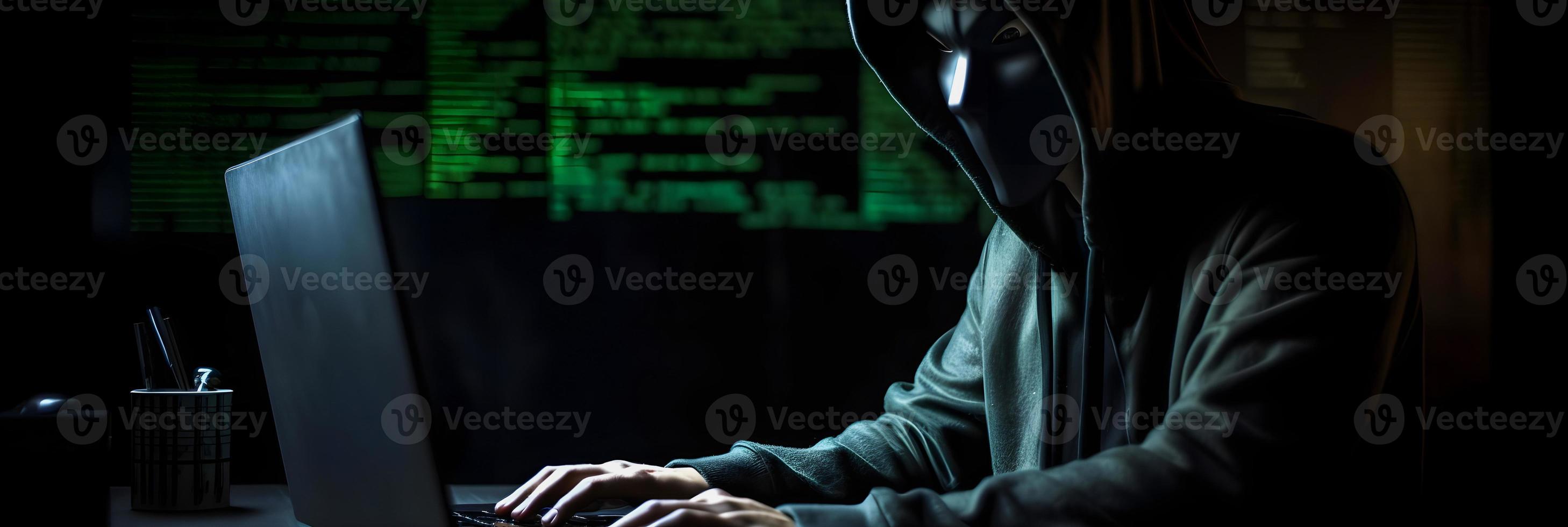 Unveiling the Enigmatic World of Cybercrime. A White Masked Hacker's Front View Amidst Dark Hood and Green Matrix Code Background photo