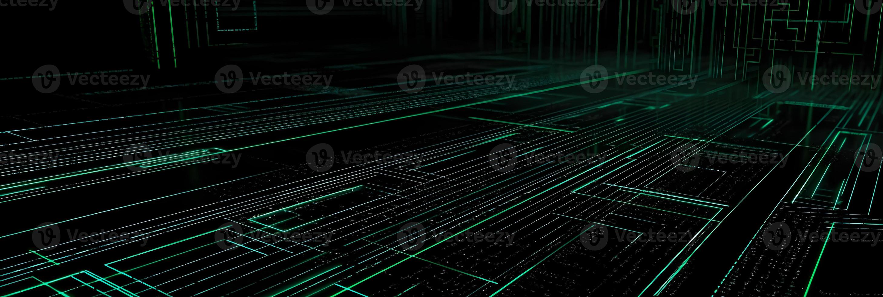 Unlocking the Secrets of the Digital Realm. Futuristic Perspective of Stylish Green Matrix Code Lines on a Black Background photo