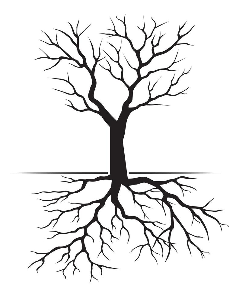 Black Tree with Roots. Vector outline Illustration. Plant in Garden.