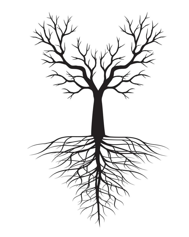 negro árbol con raíces. vector contorno ilustración. planta en jardín.