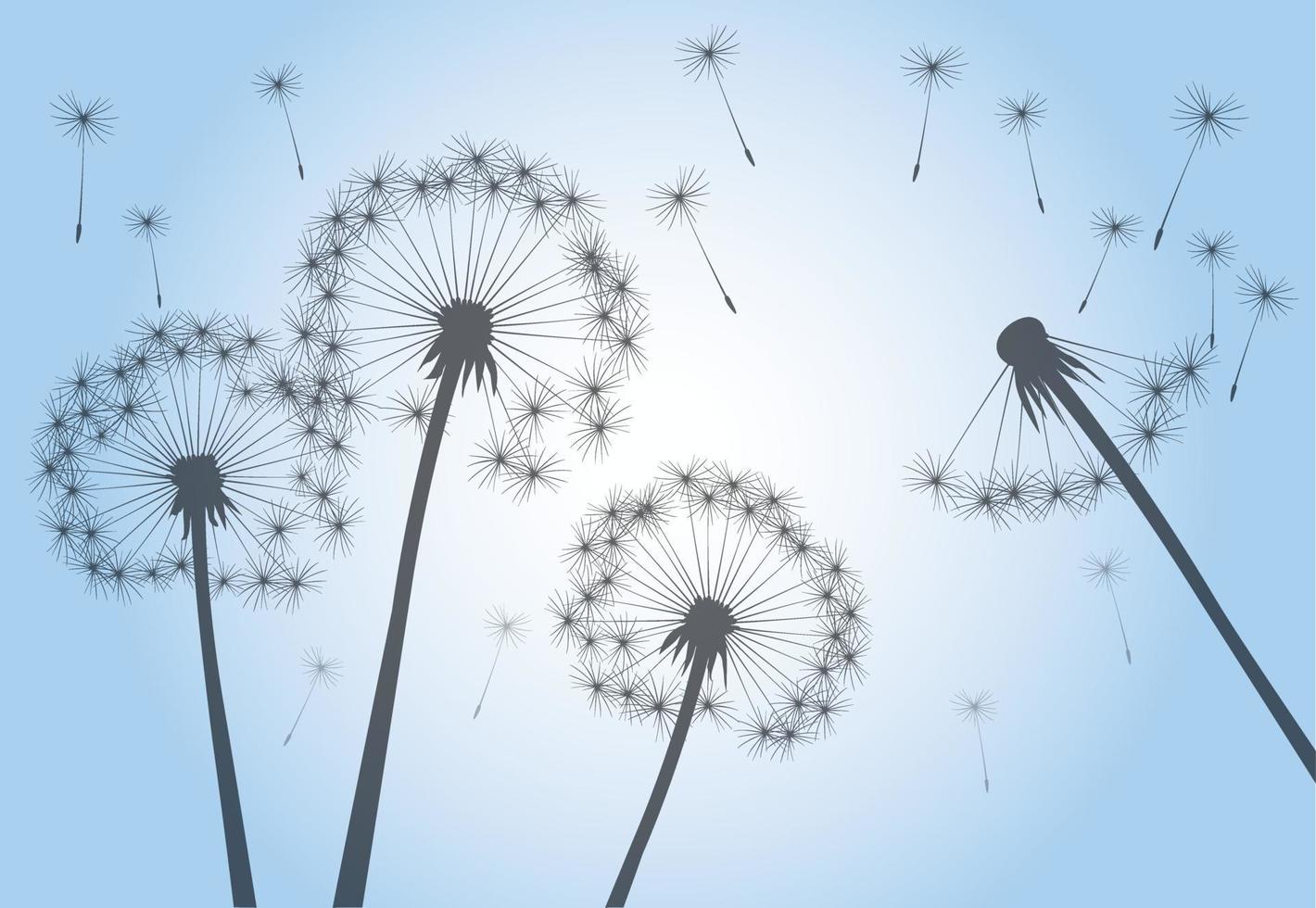 Summer and Flying Seeds. Dandelion flower. Vector outline illustration.