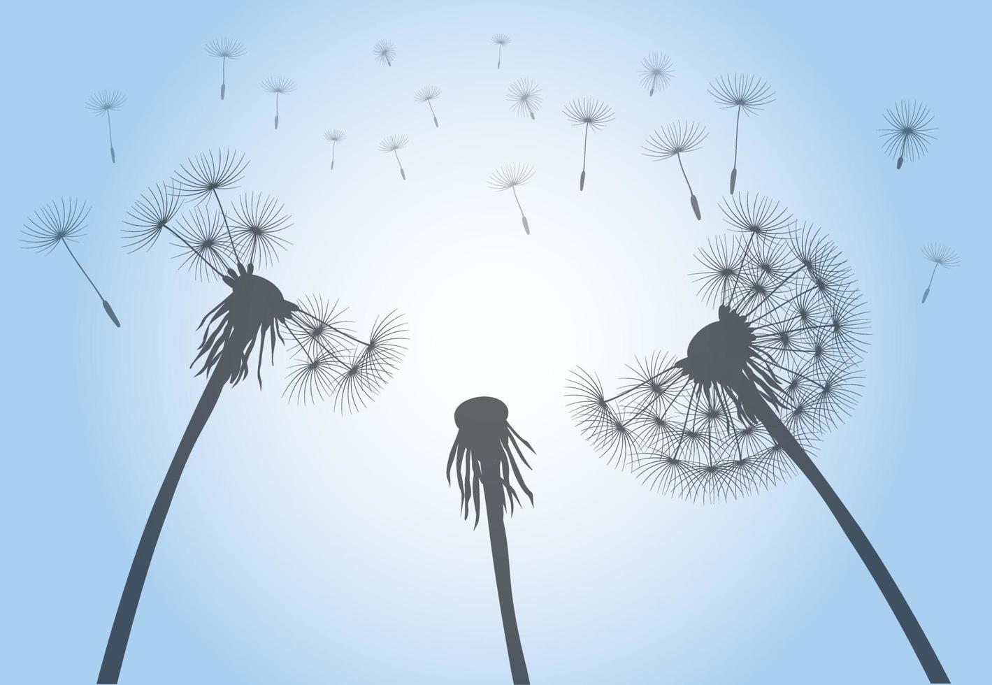 Late Summer and Flying Seeds. Dandelion flower. Vector outline illustration.