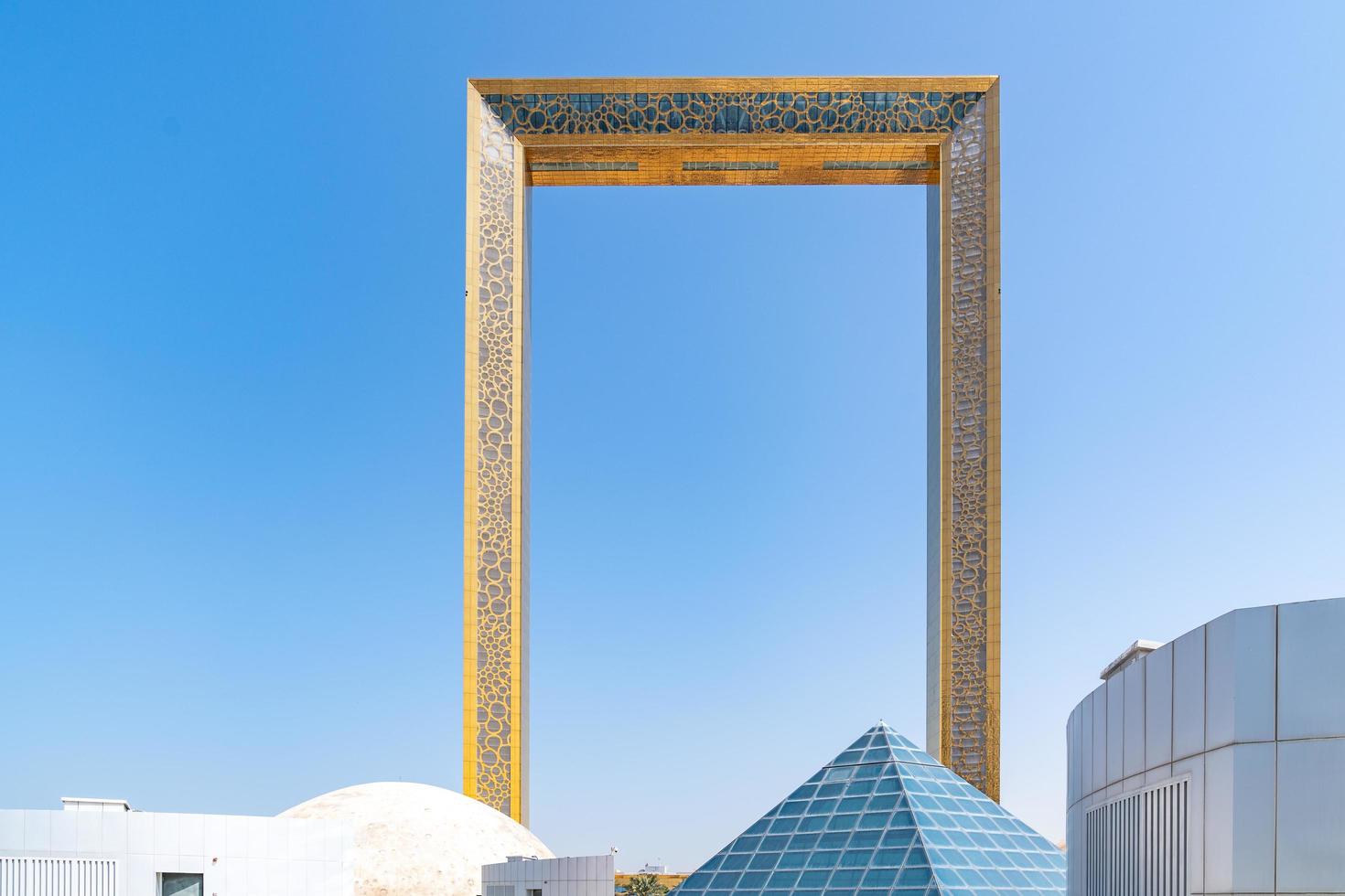 Dubai, United Arab Emirates - March 12, 2023-View of Dubai Frame while walking at Zabeel park during a sunny day photo