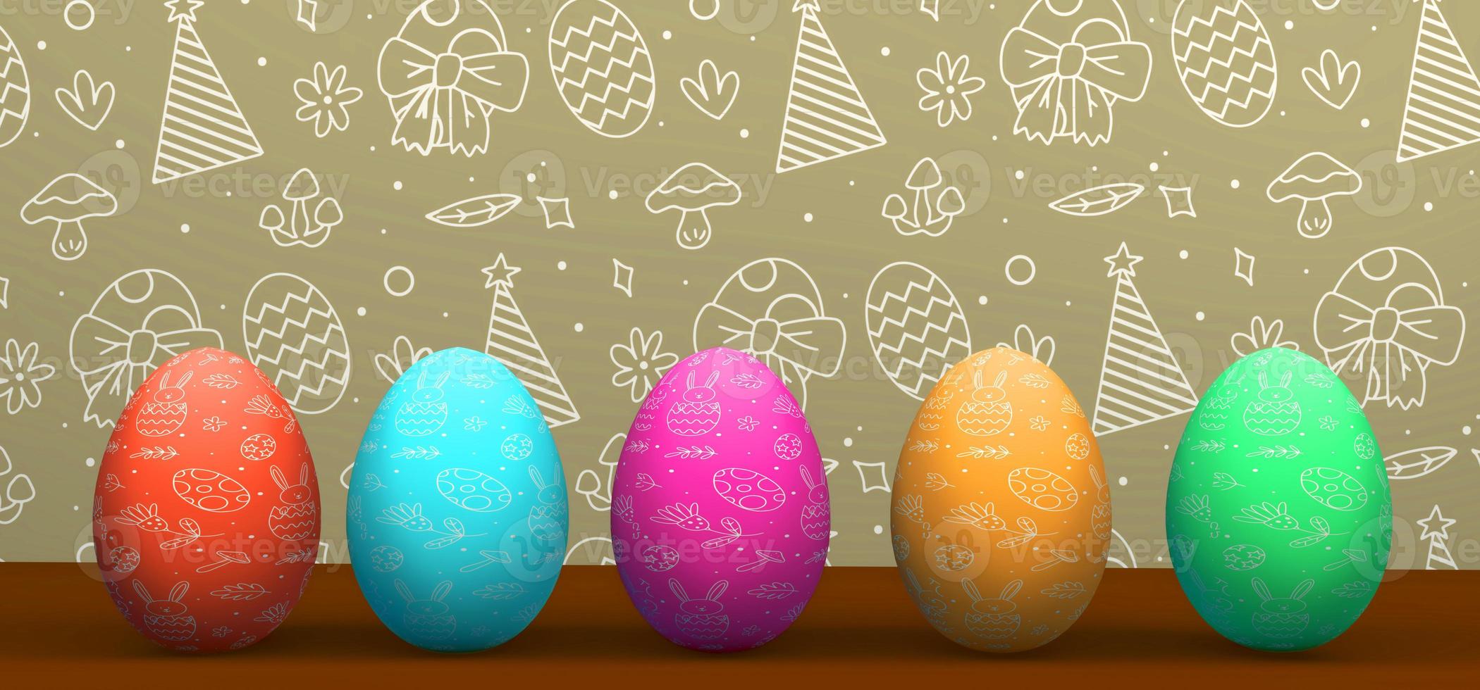 Happy Easter banner. Easter eggs with a colorful eggs. Copy the place for the text. 3D work and 3D illustration photo