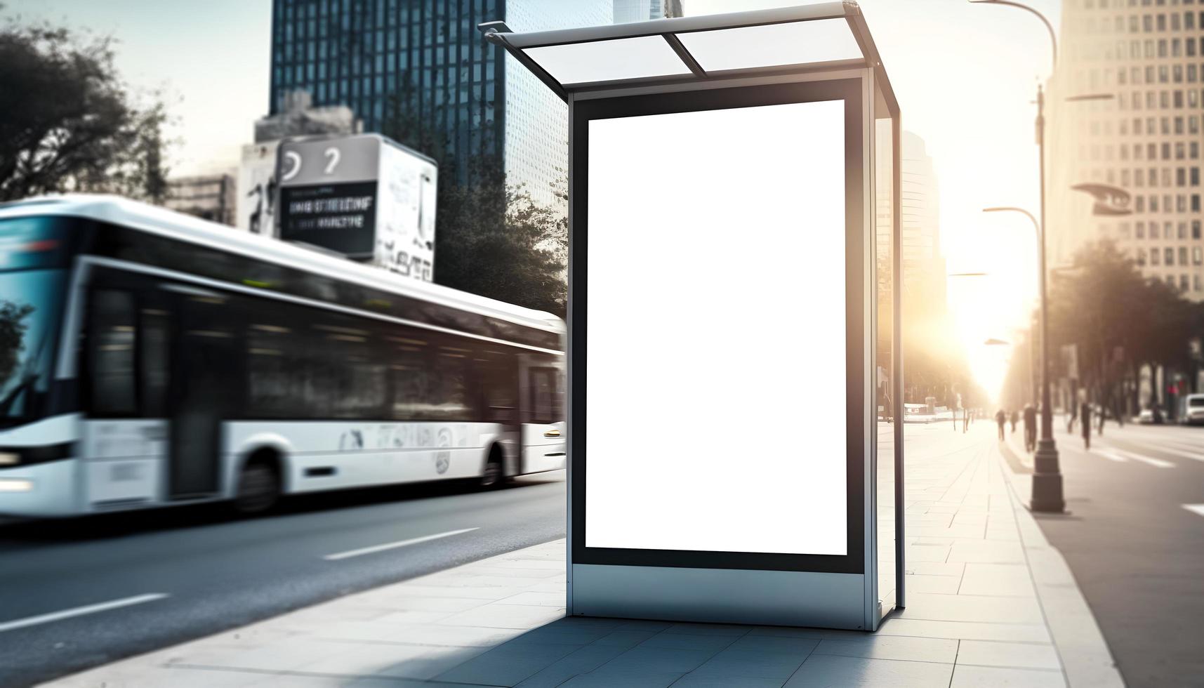 vacío cartelera en borde del camino en moderno ciudad con Moviente autobús en el fondo, verticle blanco cartelera Bosquejo en ciudad foto