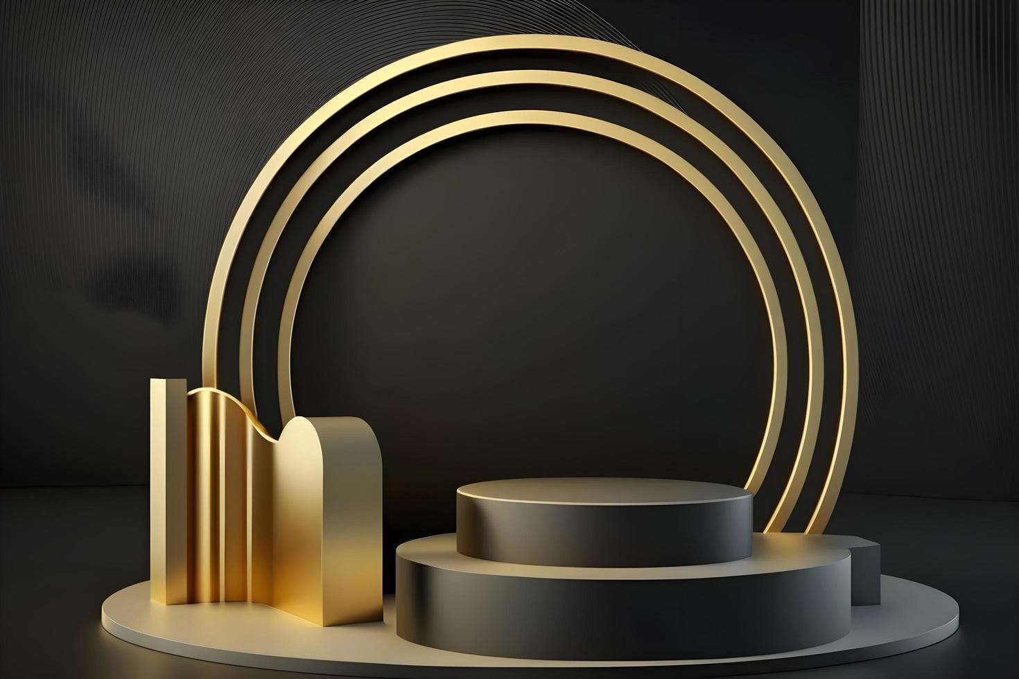 Empty Black Podium for product display with verticle abstract golden shapes against elegant black background with circular golden lines on it, Blank podium for product display presentation. Free Photo