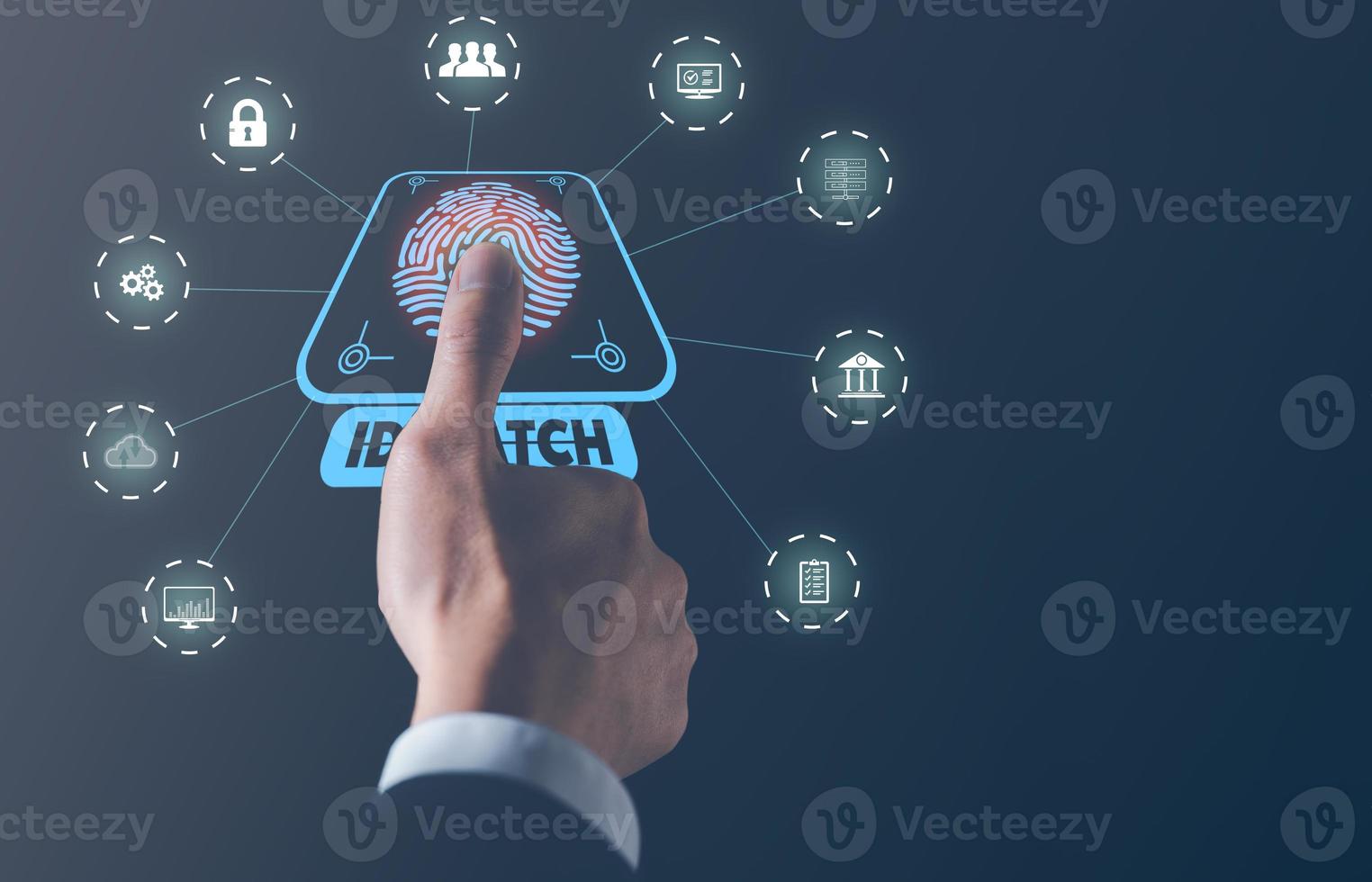 biometric fingerprint scan, security access network and personal data photo