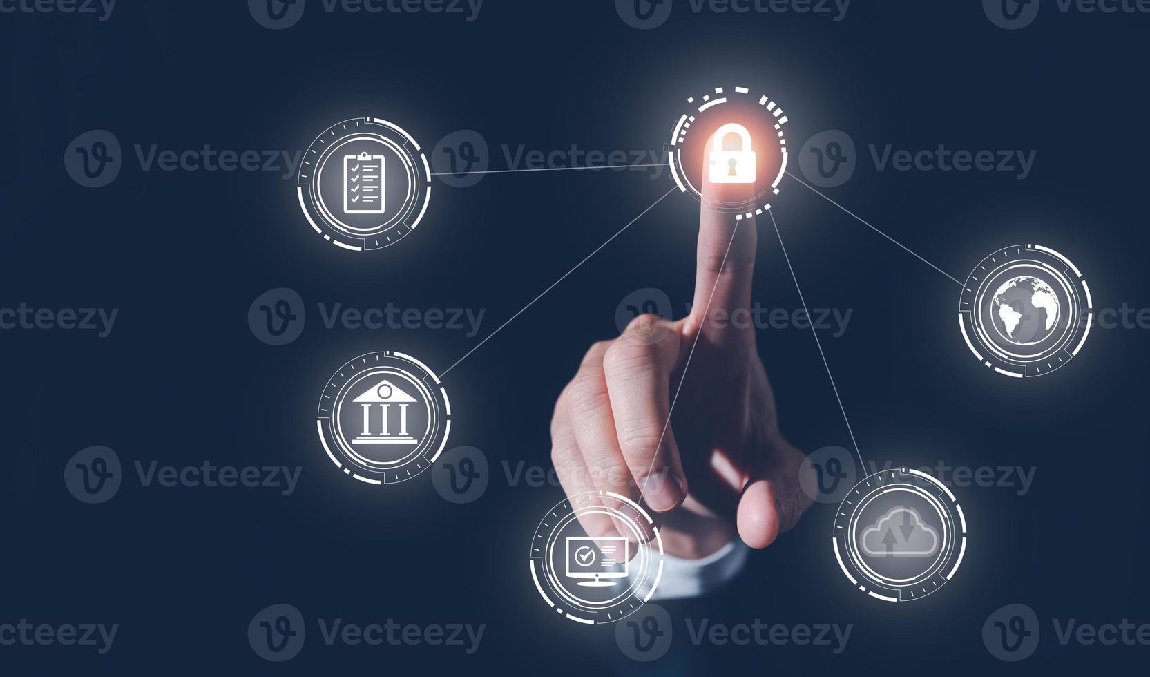 security internet network, man touching lock icon to scan to access to personal data photo