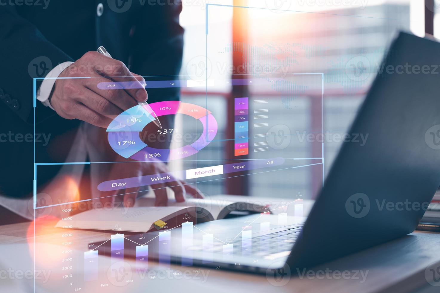 Analyst working with Business Analytics and Data Management System on computer, make a report with KPI and metrics connected to database. Corporate strategy for finance, operations, sales, marketing. photo
