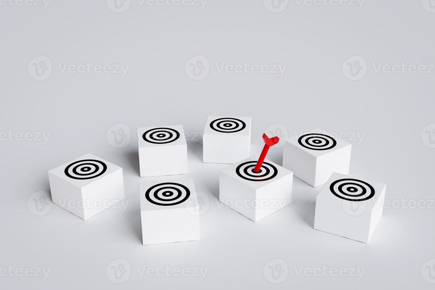 Arrows hit target on square block board with multiple targets. concept of business symbol target audience, selecting a target audience for business success, and achievement of objectives. photo